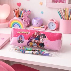 KPOP Demon Hunters Pencil Case Set – Pink Zipper Pouch + 3 Character Pens – New